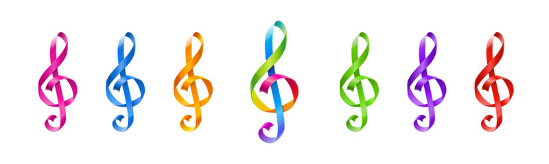 Set of multicolored ribbons in the shape of treble clef. Vector illustration.