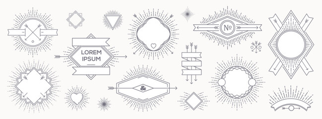 Set of outline heraldic emblems and  labels with sunburst rays. Vector illustration.