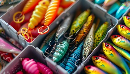 Colorful fishing lures and baits in a tackle box. Isolated on white background - obrazy, fototapety, plakaty