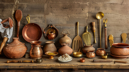 Traditional Cooking Utensils and Kitchenware for Festive Cuisine Preparation - obrazy, fototapety, plakaty