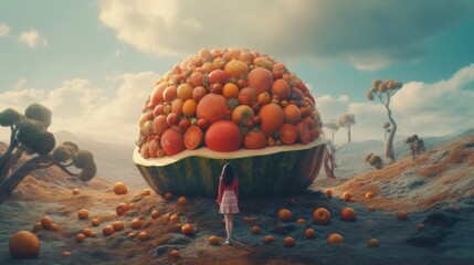 Fruit, surrealism, dreamlike abstract imaginary illustration, human standing on an edge, imaginary world. - obrazy, fototapety, plakaty