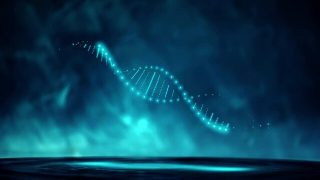 A simple DNA molecule double helix model made from small glowing blue neon dots, light bulbs over water with ripples and reflection against a grunge blue wall background. Looped video 4k 60 fps.