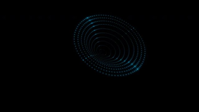 Glowing blue neon circles of different scales from small dots forming a cone, isolated on a black background. 4k abstract loop 3d animation 60 fps.