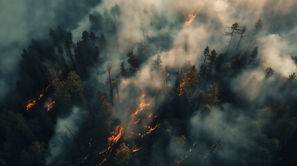 An overhead view captures the dense smoke blanketing a dense forest amid a severe wildfire, with visible flames