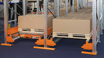Palletizing Robot Under Pallet With Box Automated Shelving System in Distribution Warehouse