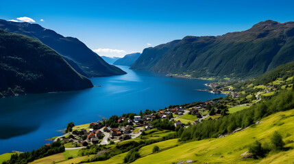 Serene Panoramic View of a Nordic Fjord Amidst Lush Greenery Under a Blue Sky