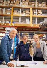 Business people, management and portrait of team in warehouse with check up, quality control and...