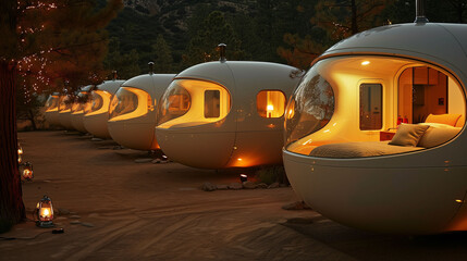 Futuristic pod hotel with cozy interior lighting lined up in an outdoor setting at dusk.