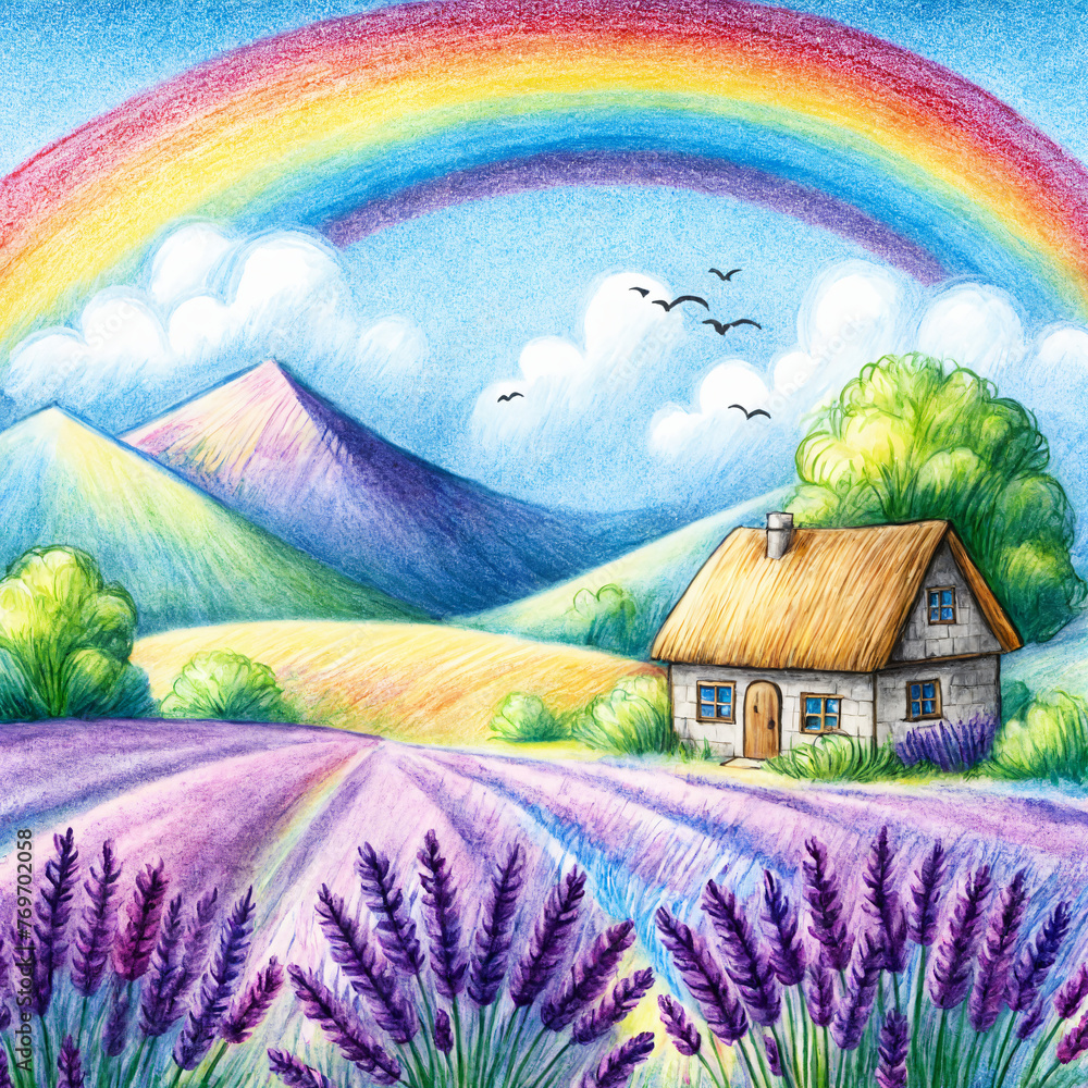 Wall mural landscape crayon children's drawing of a hilly field full of lavender with trees, house, rainbow