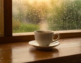 Xícara de café no balcão e janela 18 - obrazy, fototapety, plakaty