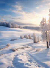 Beautiful winter landscape frosted woodland snowy farmland under blue sky with white fluffy clouds.