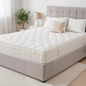 AI generation of bed with orthopedic mattress and pillows. Interior of light bedroom