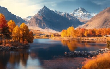 Autumn landscape river and mountains