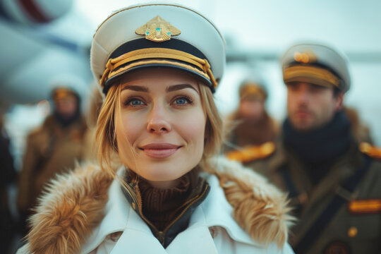 A close-up of a woman in a pilot's uniform beaming with pride alongside military personnel