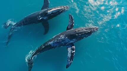 A Serene Underwater View of Humpback Whales Swimming in the Ocean