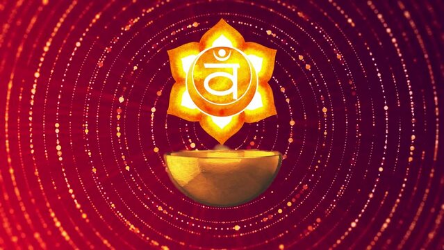 Digital render of a tibetan bowl with a glowing sacral chakra healing sign