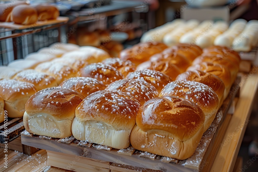 Aufkleber step into a bustling baker shop with aromatic bread buns of various shapes and sizes neatly lined up