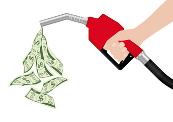 Gas Pump or Fuel Nozzle with Dollar Banknote. Gas Station Concept. Vector Illustration Isolated on White Background. 