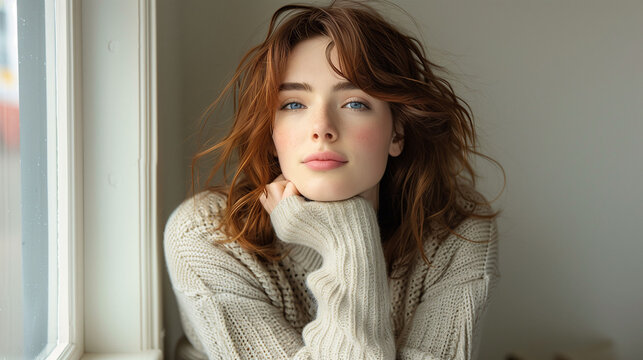Portrait of a young woman with red hair wearing a cozy sweater, gazing thoughtfully by a window with natural light.