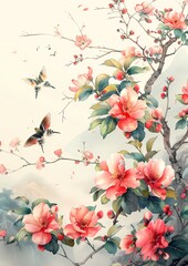 Chinoiseries flowers branches pattern on cream background, for card background, wallpaper and wall art, - obrazy, fototapety, plakaty