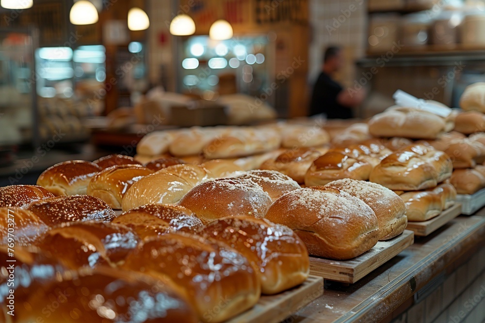 Poster step into a bustling baker shop with aromatic bread buns of various shapes and sizes neatly lined up