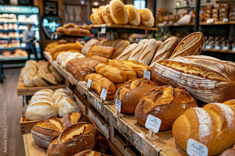 Aufkleber step into a bustling baker shop with aromatic bread buns of various shapes and sizes neatly lined up