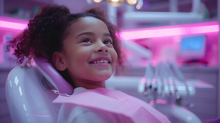 Happy afro american child sitting in a modern dental chair. Colorful pediatric dentist office. Children's dentistry and oral health concept - obrazy, fototapety, plakaty