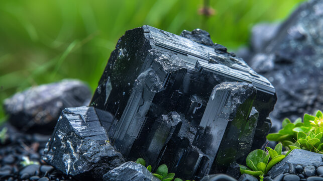 A detailed macro shot of a magnificent shiny black tourmaline crystal with sharp edges and a dark allure, resting among green foliage