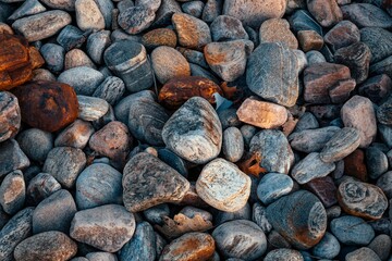 Close-up view of a variety of colored pebbles scattered across the surface, each of varying sizes