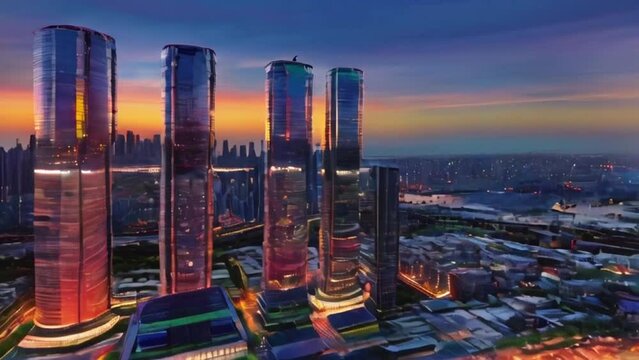 Futuristic cityscape with skyscrapers. Sunset over a modern city skyline. High-rise buildings against a vivid evening sky. Concept of city life, urban development, and architectural beauty. Motion