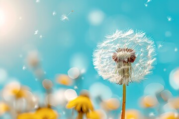 Closeup of a white fluffy dandelion flower in a field on a blurred bokeh background