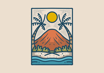 Vector logo design of a mountain range set against a backdrop of sky, with lush palm trees