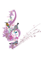 Nature Abstract treble clef decorated with summer and spring decorations: flowers, leaves, notes, birds. Hand drawn musical vector illustration. - 769703805