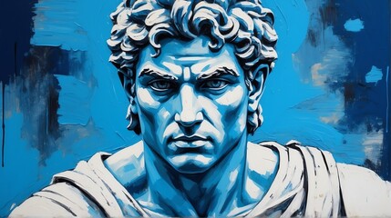 greek god apollo portrait Blue theme oil pallet knife paint painting on canvas with large brush strokes modern art illustration from Generative AI - obrazy, fototapety, plakaty