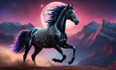 papier peint représentant un cheval au galop, en fond un environnement lunaire.