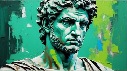 greek god apollo portrait green theme oil pallet knife paint painting on canvas with large brush strokes modern art illustration from Generative AI