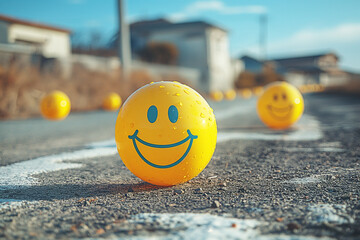 World smile day emojis, yellow emoji balls on street, World Laughter Day, ai technology