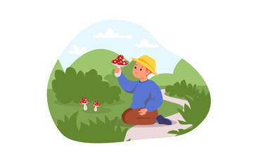 Dangers for kids concept with people scene in flat cartoon design. The boy found poisonous mushrooms in nature and can eat them, which is very dangerous. Vector illustration.