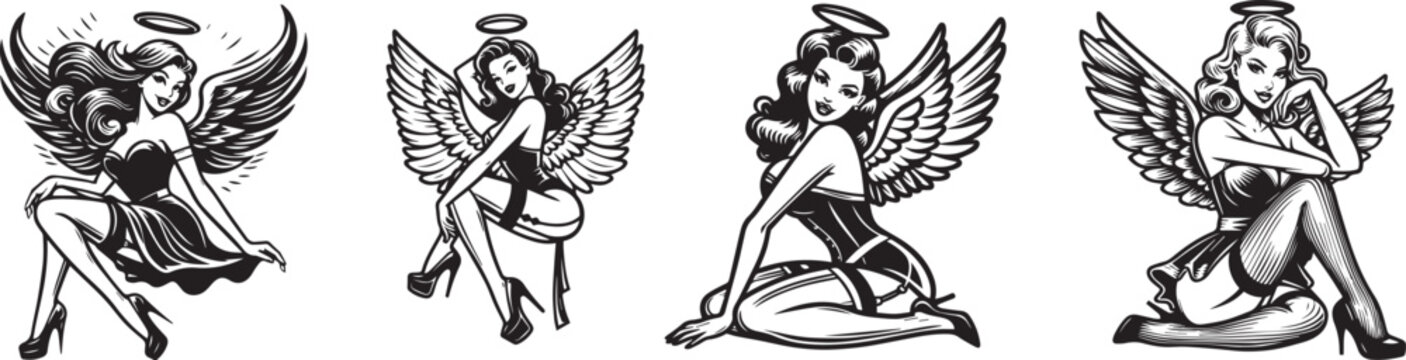 Black and White Pin-Up Angel Girl Silhouettes Collection