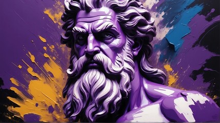 greek god zeus portrait purple theme oil pallet knife paint painting on canvas with large brush strokes modern art illustration from Generative AI
