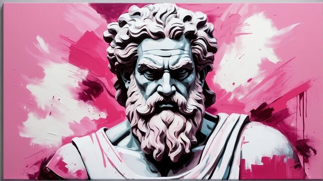 greek god zeus portrait pink theme oil pallet knife paint painting on canvas with large brush strokes modern art illustration from Generative AI