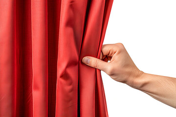 A hand closes or opens a red curtain on a white background