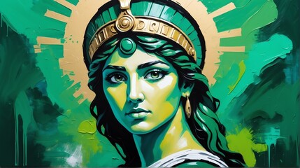 Naklejka na ściany i meble greek goddess athena portrait green theme oil pallet knife paint painting on canvas with large brush strokes modern art from Generative AI