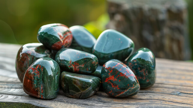 A collection of polished bloodstone gemstones artistically laid out on a rustic wooden table, bathed in natural light