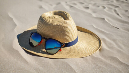 Straw hat and sunglasses on the beach sand colorful background