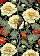 Foto op Canvas Floral and bird pattern in art deco style, for card background, wallpaper and wall art, © Wipada