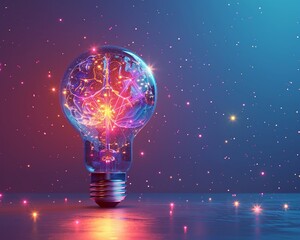 A brains vibrant pattern illuminating inside a light bulb set on a minimalist pastel indigo embodying creative sparks