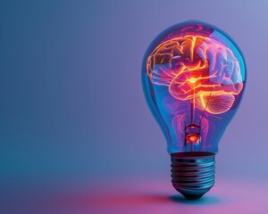 Vibrant brain pattern glowing within a light bulb set against a minimalist pastel indigo background representing innovation