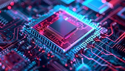 Shiny computer processor chip with glowing lights, futuristic technology concept, 3D rendering.