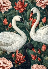 Vintage illustration of white swans with botanical background  - obrazy, fototapety, plakaty